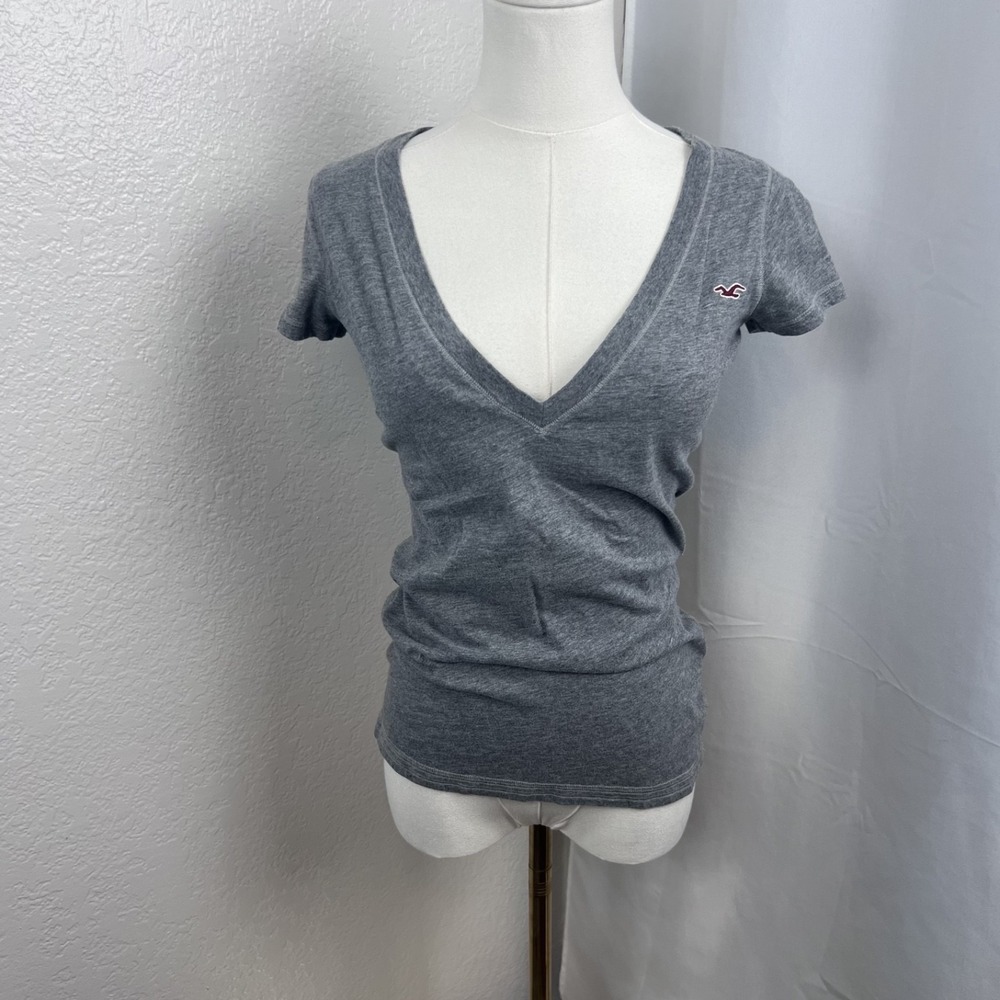 Y2K Hollister Top Womens Small Gray Deep V Neck Fitted Cotton Layering Preppy